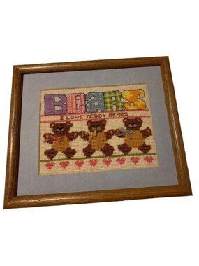 Vintage Bears Cross Stitch Frame "I Love Teddy Bears" Wall Art 8.75"x10" Decor